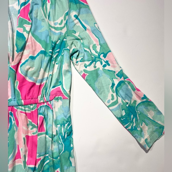 Lilly Pulitzer Hot Pink &Blue Print Chine Rayon 3/4 Sleeve Pleated Front Dress S - Picture 7 of 16